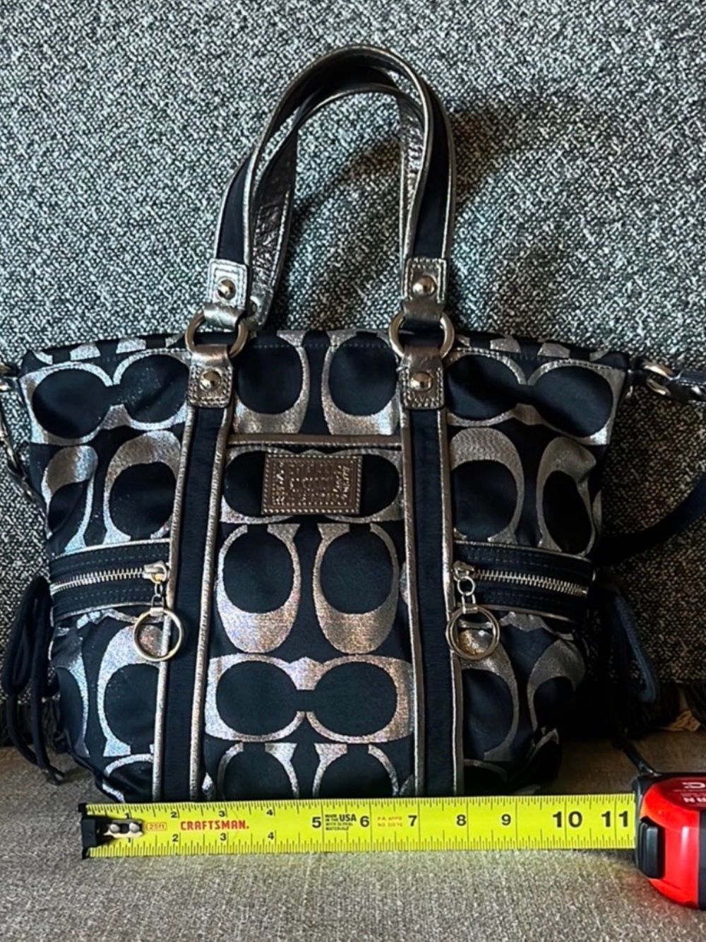 Coach Black and Silver Signature Circle Tote with Ring Zipper Accents